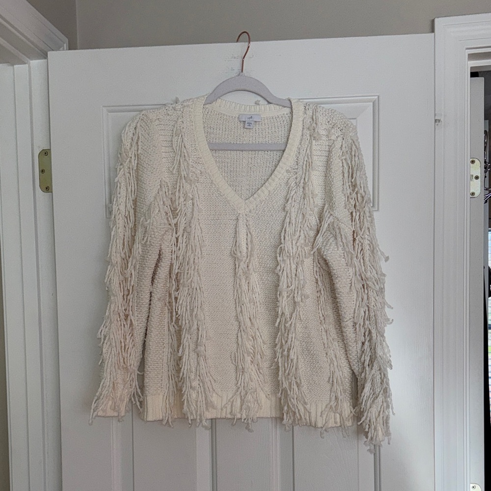 J. Jill Ivory Fringe V-Neck Sweater